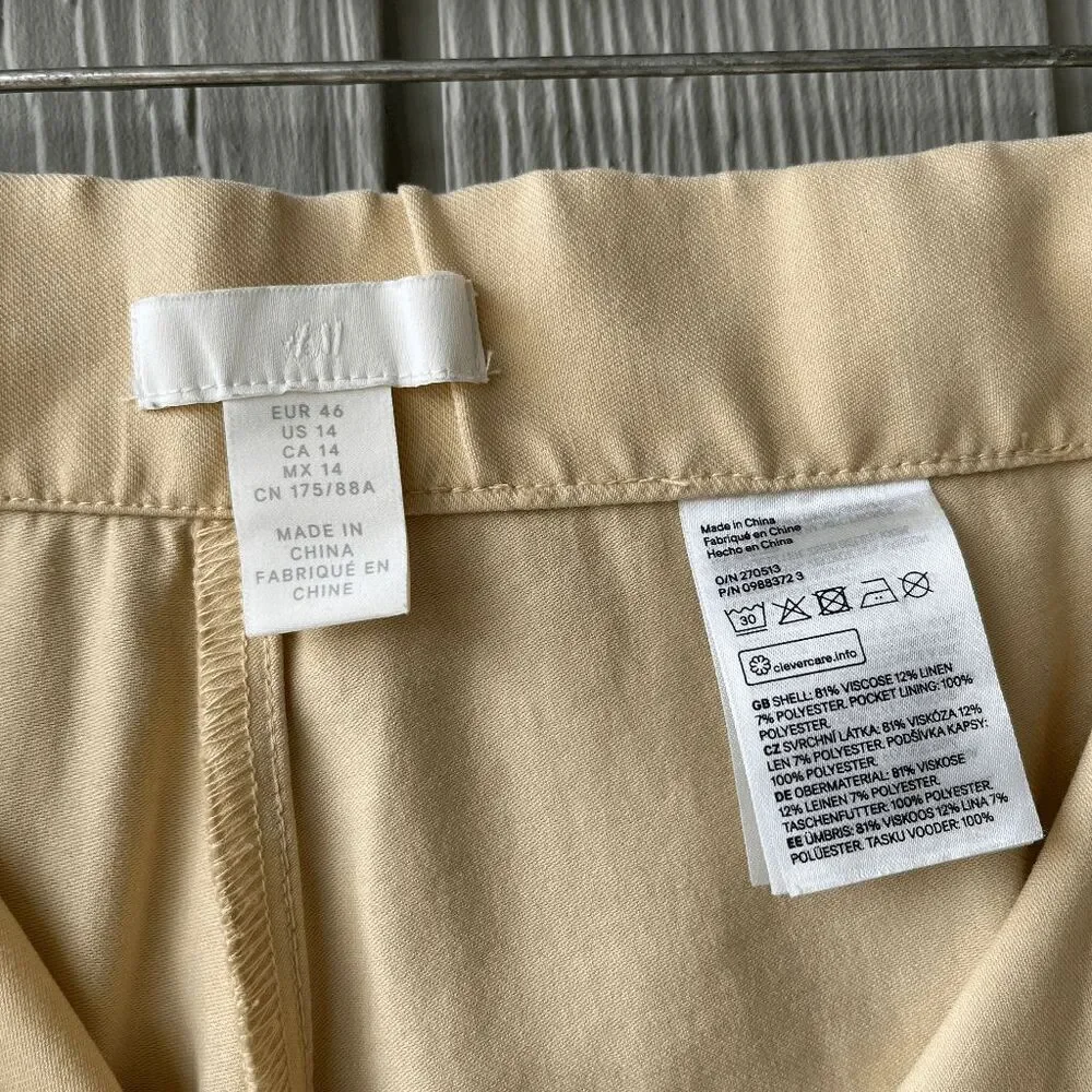 H&M Wide Leg Linen Blend Trousers Beige Size 14 Side Slits Pockets